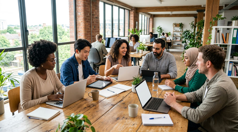 A diverse team of entrepreneurs collaborating in a modern office to choose the best membership platforms for scaling their business.