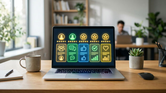 A professional dashboard showing review management services statistics and customer ratings.
