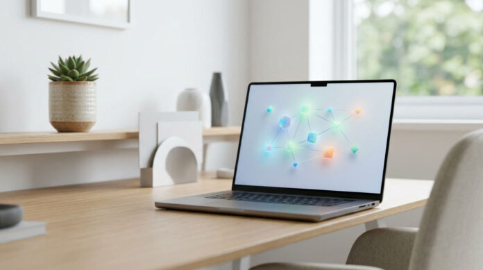 A professional workstation showing a visual workflow builder on a laptop screen for building AI agents.
