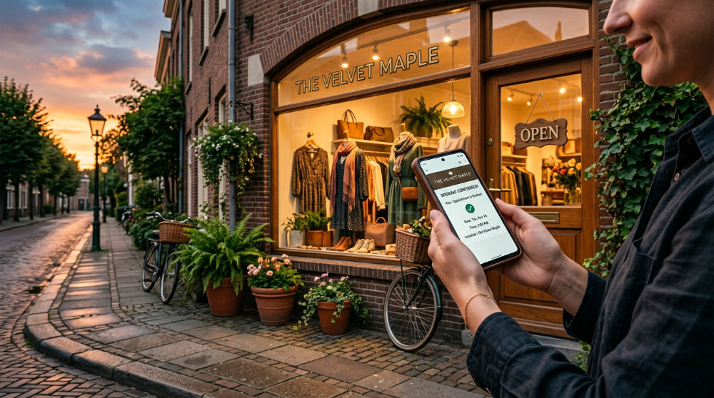 A customer at a coffee shop receiving an automated review request on their mobile phone from an AI agent.