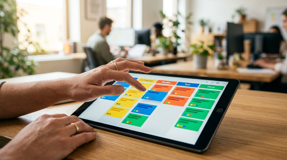 A consultant using a visual Kanban board for B2B sales management and opportunity tracking.