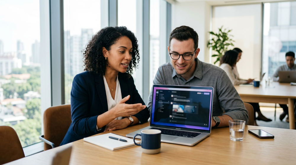 Two business management consultants performing business analysis and strategic planning for a client.