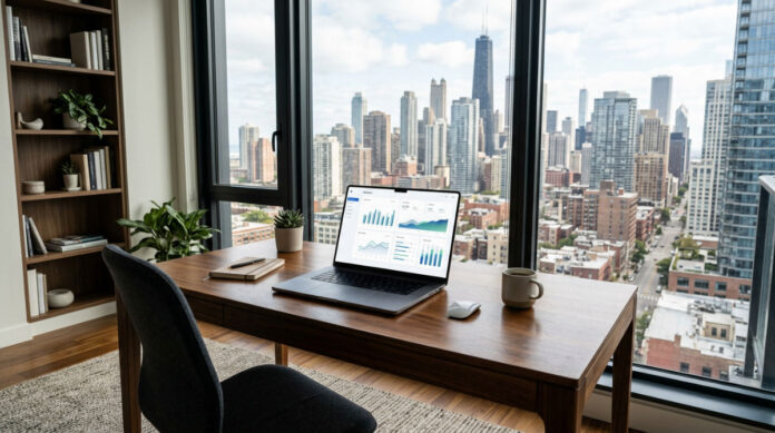 A professional workspace featuring a cloud based CRM platform dashboard on a laptop screen in a modern office.