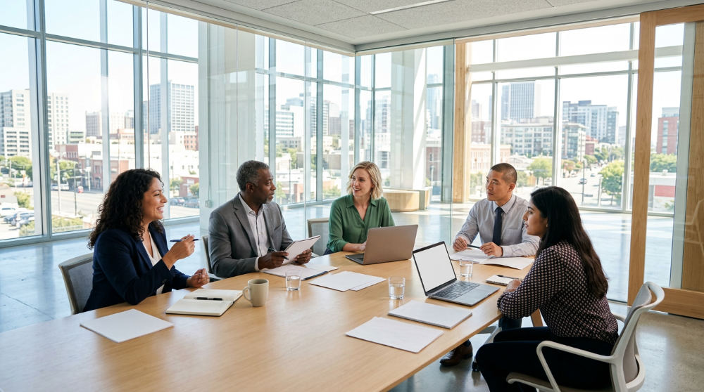 A team of professionals collaborating on their cloud based CRM platform strategy in a modern office setting.