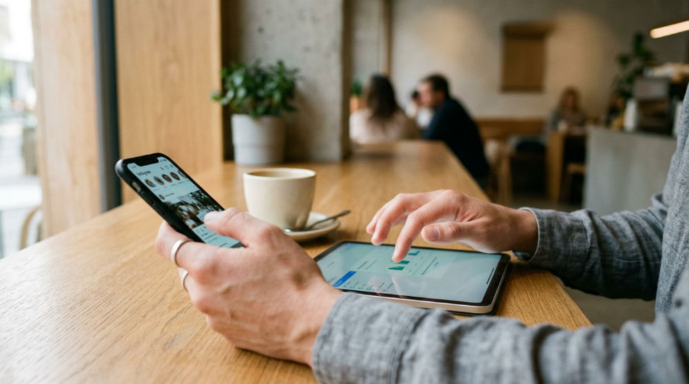 A business owner managing customer communications through a mobile customer communication platform at a cafe.
