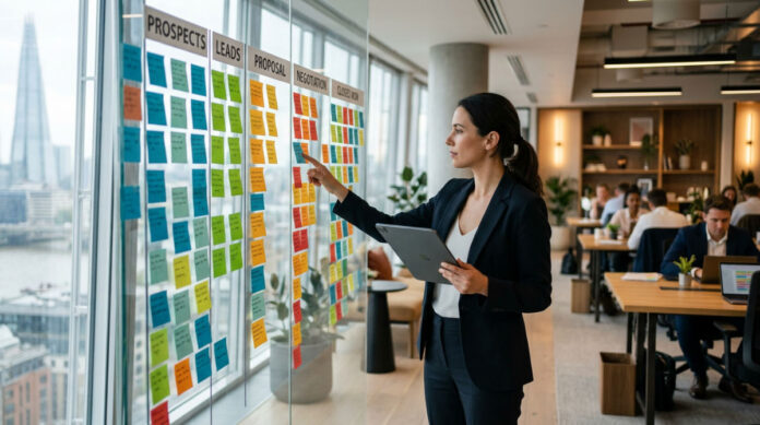A professional managing a contact manager CRM visual pipeline on a digital tablet in a modern office.