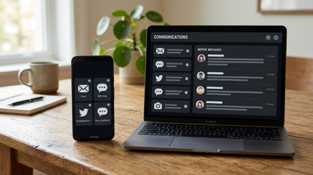 A unified inbox displaying multi-channel communications on a laptop and smartphone.