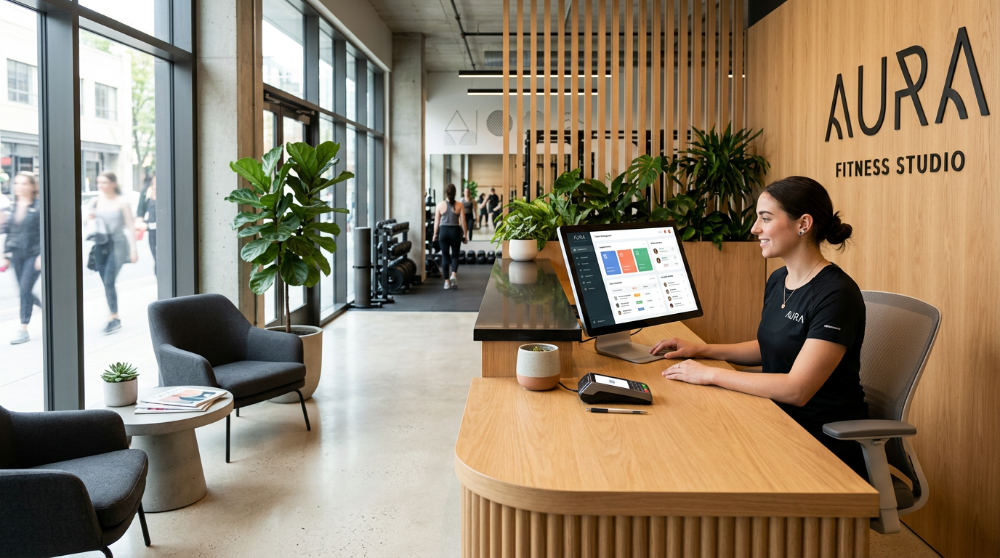 A contact manager CRM interface being used in a professional fitness studio setting.