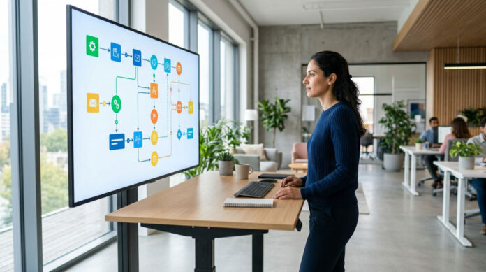 A professional marketer managing a visual workflow for content marketing and link building in a modern office.