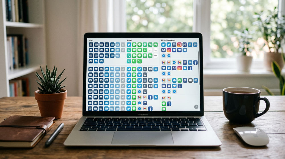 A laptop showing a unified inbox that consolidates email and social media messages for streamlined outreach.
