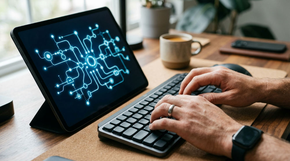 Hands typing on a keyboard next to a tablet displaying a visual node-based workflow for automation.
