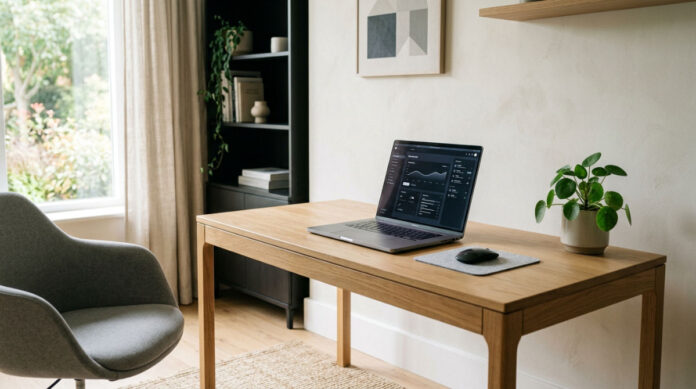 A minimalist workspace showing a laptop with a modern AI agent dashboard, illustrating efficient business automation.