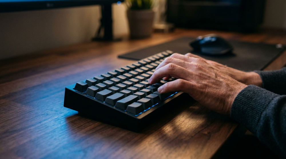 A close-up view of a user's fingers using a laptop trackpad and keyboard to build an automated workflow in a visual AI editor.