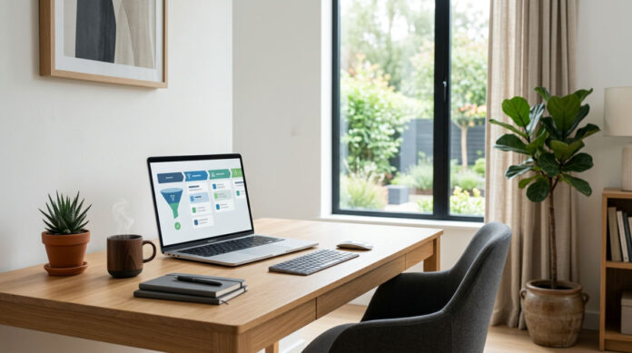 A professional workspace featuring a laptop displaying a visual CRM pipeline illustrating modern CRM data management best practices.