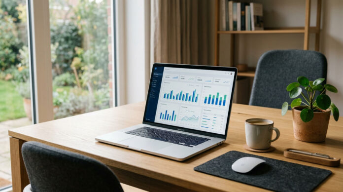 A modern workspace showing a laptop used for CRM data management and business process automation.