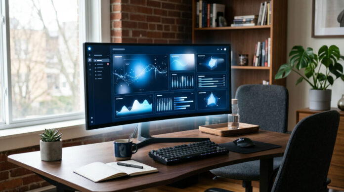 A modern workspace showing a clean digital dashboard representing efficient CRM data management and organized business workflows.