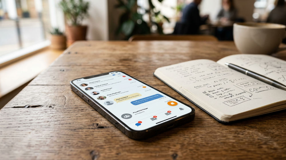 A smartphone displaying a unified inbox that centralizes various communication channels to ensure high data quality.