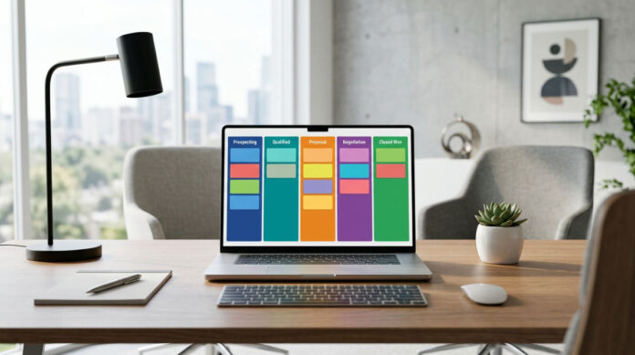 Professional CRM software examples showing a sales pipeline dashboard on a laptop.