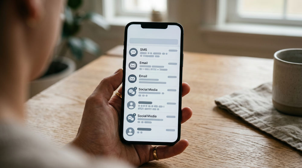 Unified inbox showing consolidated business communications on a mobile device.