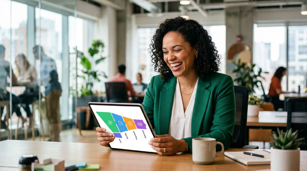 A business owner reviewing a visual CRM pipeline on a tablet in a modern office setting.