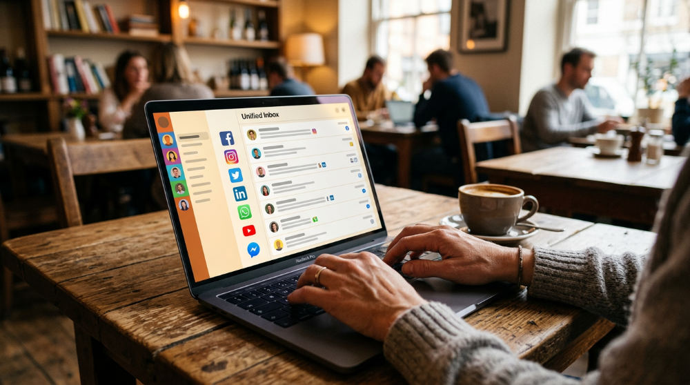 A user managing a unified communication inbox on a laptop while working remotely.