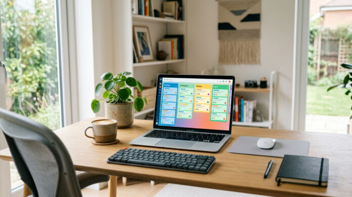 A professional workstation displaying a visual CRM pipeline with Kanban boards for efficient lead management.
