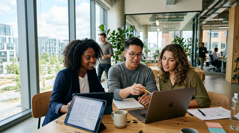 A small business team collaborating on their customer communication strategy in a modern office environment.