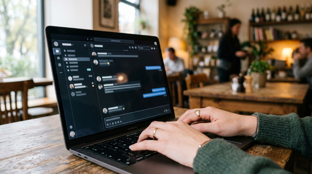 A business owner managing customer communications through a unified inbox on a laptop in a cafe.