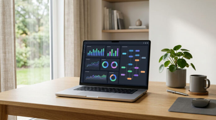 A professional desk setup featuring a unified marketing dashboard on a screen, illustrating the integration of different marketing types.