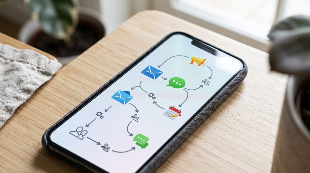 A mobile device displaying a sophisticated visual marketing automation sequence for small business growth.