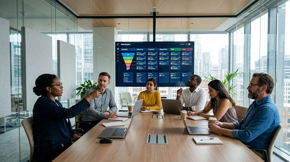 Marketing professionals using a unified CRM to manage different types of marketing operations in a modern office.