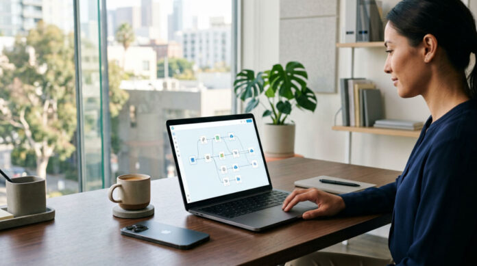 A modern workspace showing the allinonemarketing.com AI Operating System being used on a laptop and mobile phone.
