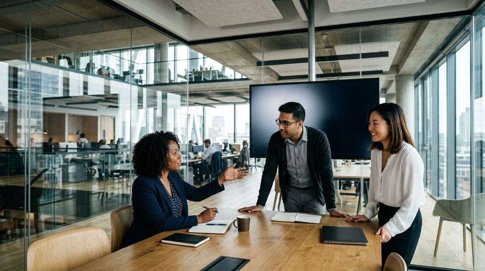 A business team collaborating on their unified marketing strategy using the ASM AI Operating System.