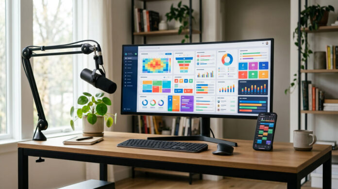 A professional content creator workspace featuring a unified dashboard showing CRM data and social media management tools.