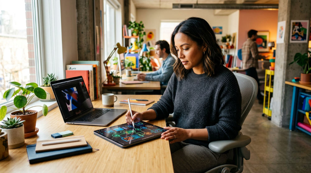 A digital creator using a tablet to build interactive content for a marketing campaign in a studio.