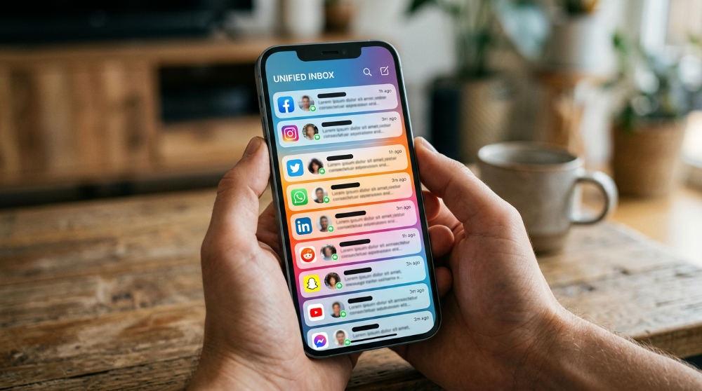 A smartphone displaying a unified inbox that combines messages from various social media platforms into one interface.