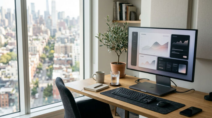 A modern workspace showing a business owner using a flexible CRM to manage scaling operations efficiently.
