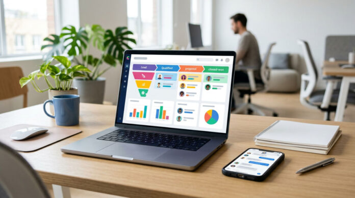 A professional CRM dashboard on a laptop next to a smartphone in a bright modern office.