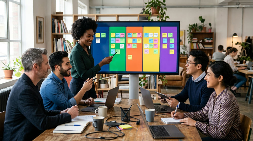 A team using a visual Kanban board to manage sales opportunities and track deals.