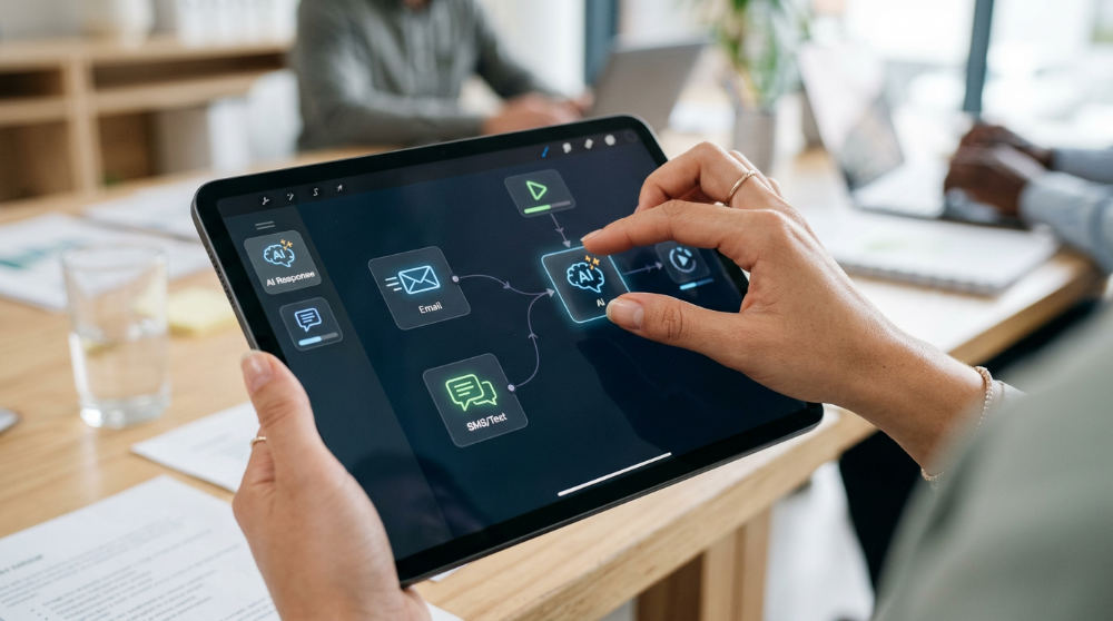 A person designing an automated marketing workflow using a visual node-based builder on a tablet.