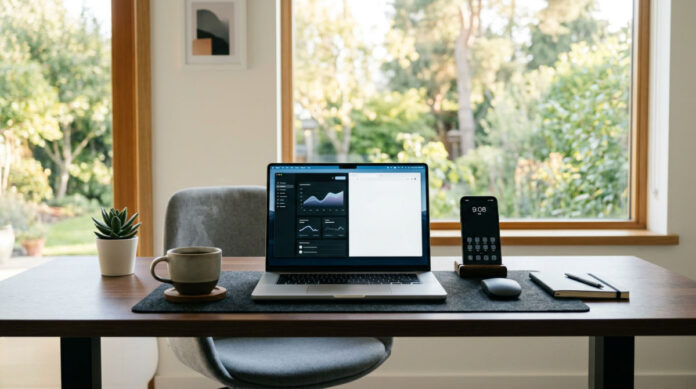 A professional freelance digital marketer workspace with a laptop and smartphone on a minimalist desk during the day.