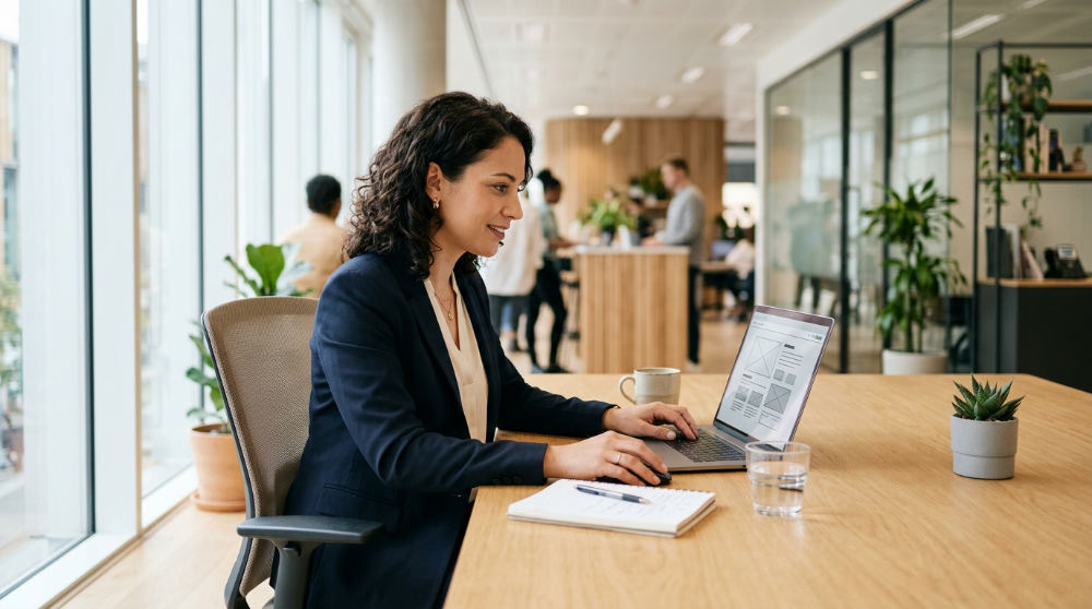 A freelance digital marketing professional reviewing campaign analytics on a laptop in a bright home office.