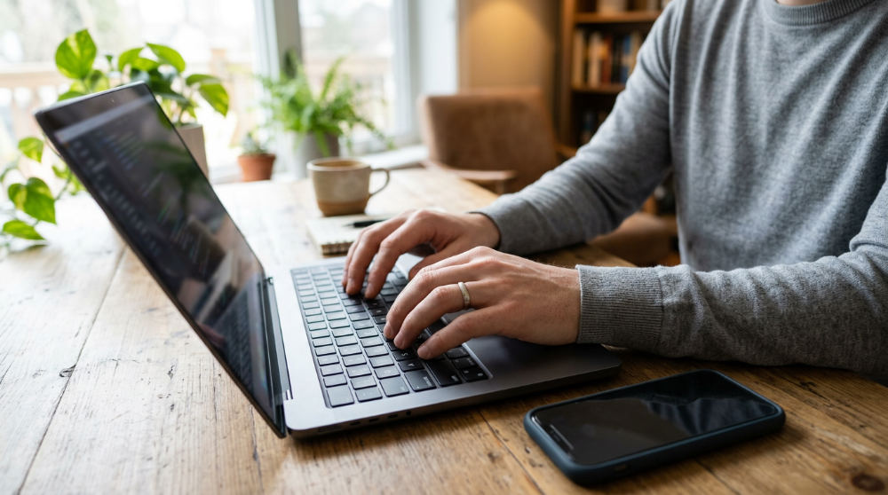 Close up of a marketer's hands typing on a laptop with a smartphone nearby, showing automated sales notifications.