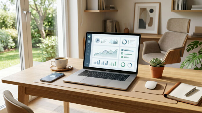 A professional workspace representing a business owner hiring AI agents for revenue orchestration on a laptop.
