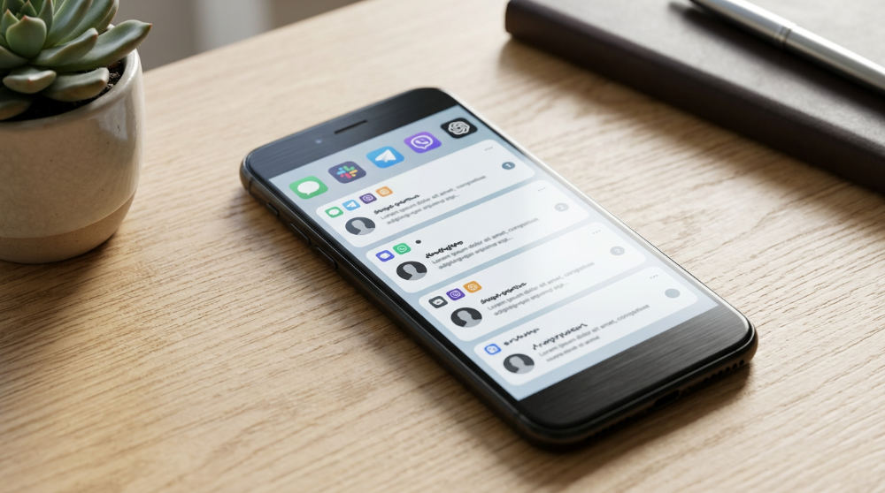 A smartphone showing a unified inbox used by AI agents for multi-channel lead communication.