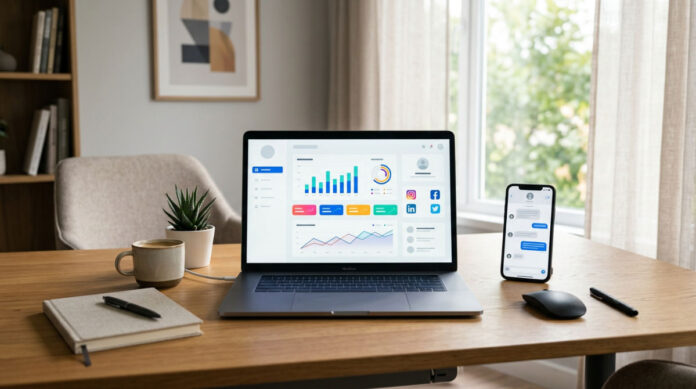 Hootsuite social media management dashboard and sales growth charts