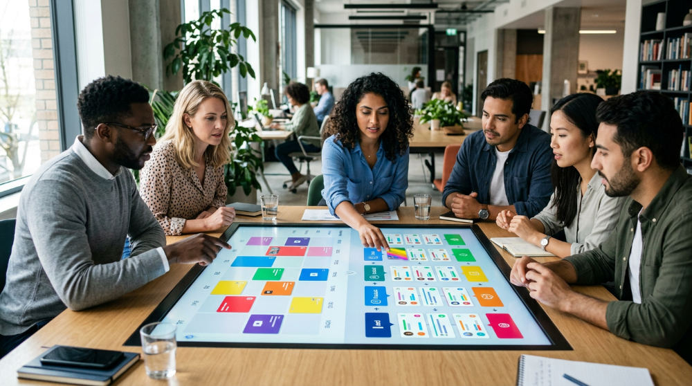 Team collaborating on a unified social media workflow and sales pipeline