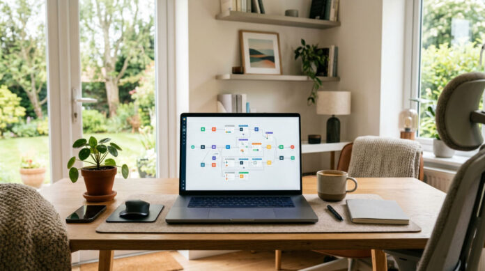 A modern home office setup featuring a laptop displaying a visual marketing automation workflow for affiliate marketing.