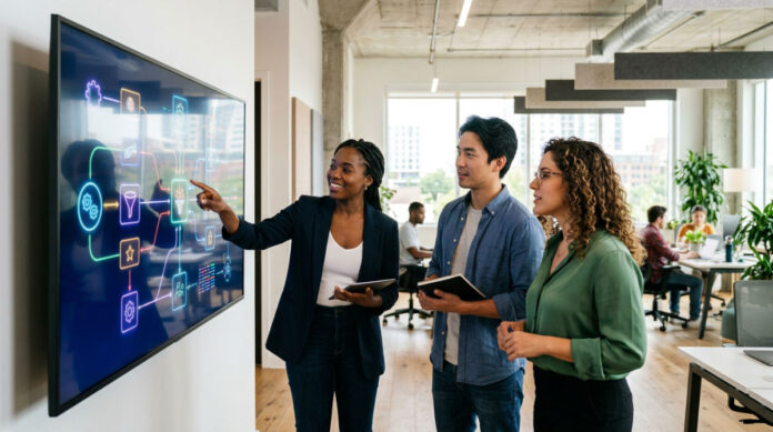 Start-up founders collaborating around a unified AI operating system dashboard in a modern 2026 office environment.