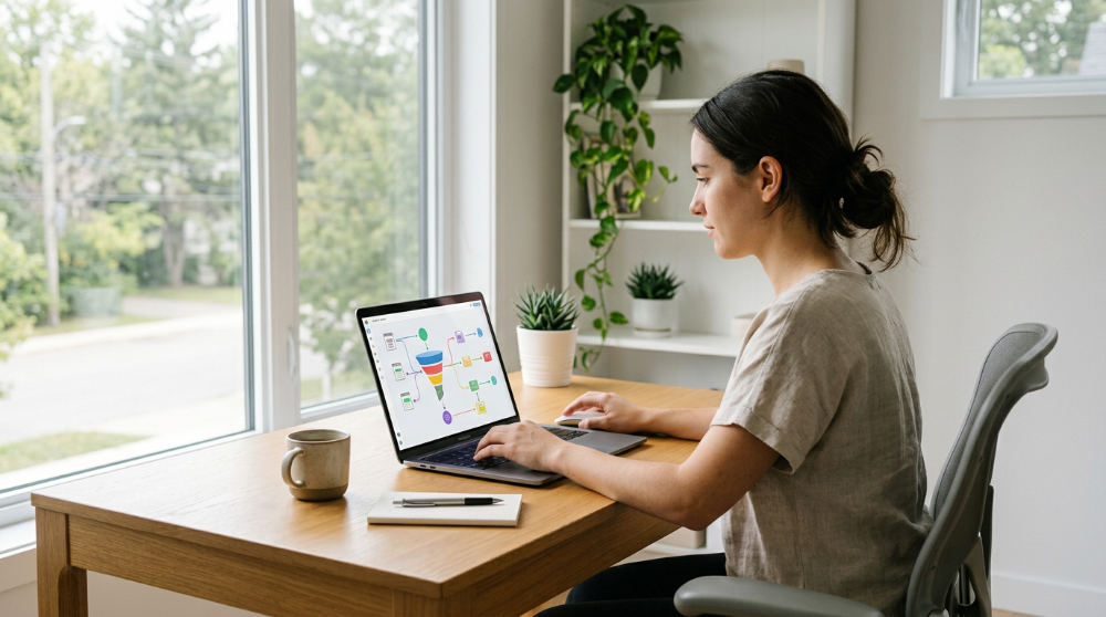 A startup founder building an automated sales funnel on a laptop screen using a visual drag and drop interface.